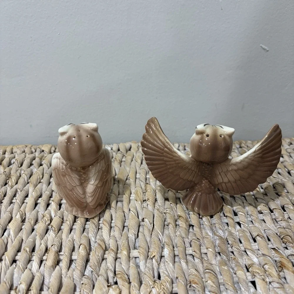 Vintage Owl Salt And Pepper Shakers Hand Painted Porcelain Japan Open Wings‎ MCM